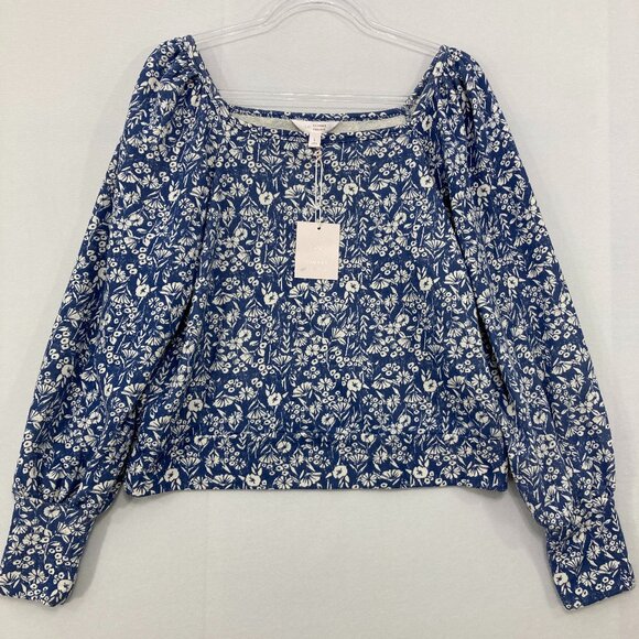 New LC Lauren Conrad Large Blue White Ditsy Floral Square Neck Puff Sleeve Blous - Picture 1 of 10